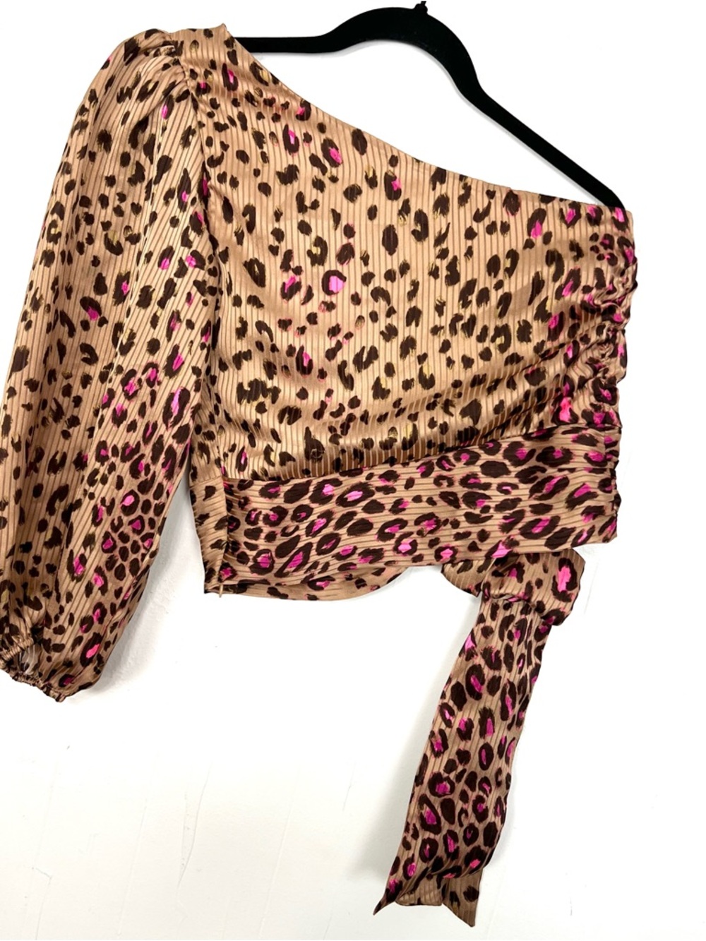 NWOT Express Leopard Satin Brown Pink One Shoulder Top Tie Front XS - Picture 3 of 4